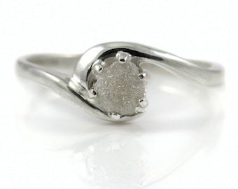 Rough Diamond Engagement Ring - Sterling Silver Swirl Design - White Raw Uncut Diamond Natural Conflict Free