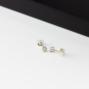 White Rough Diamond Stud Earrings in Sterling Silver, 3mm Tiny Raw Snow White Diamonds Conflict Free Bridesmaids April Birthstone image 2