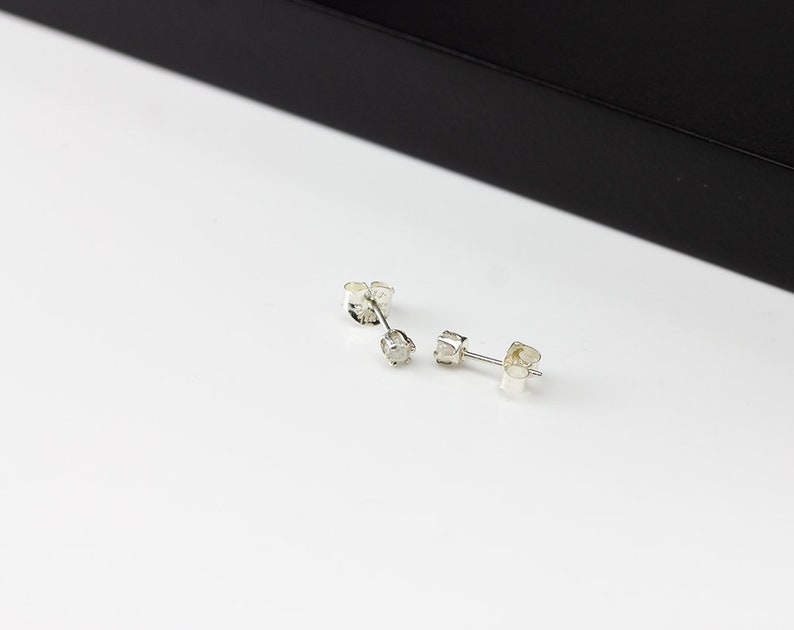 White Rough Diamond Stud Earrings in Sterling Silver, 3mm Tiny Raw Snow White Diamonds Conflict Free Bridesmaids April Birthstone image 2