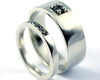 Couples Rings - SET of Rough Diamond Bands - His 8mm & Hers 3mm Flat Design Wedding Bands, Comfort Fit - White Yellow or Rose 14K Gold - Rin