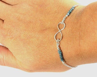 Infinity Bracelet with Rough Diamonds - Rare Blue Raw Rough Diamond Bracelet in Sterling Silver - Figure 8 Charm - Mother's Day Gift