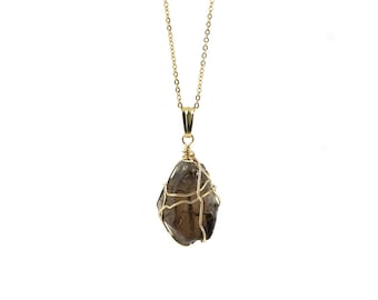 Smoky Quartz Necklace on 14K Gold Filled Chain - Large Semi-Transparent Quartz - Wire Wrapped Rough Gemstone Jewelry