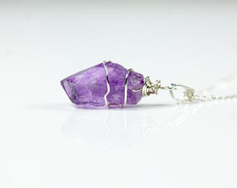 Natural Amethyst Necklace Sterling Silver - Purple Amethyst Gemstone Pendant - Wire Wrapped Rough Gemstone Jewelry - Abstract Pendant