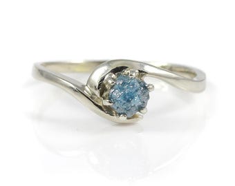 Blue Raw Rough Diamond Ring - 14K Gold Engagement Ring, Swirl Design - Uncut Unfinished Diamond - Conflict Free Rare Blue Diamond