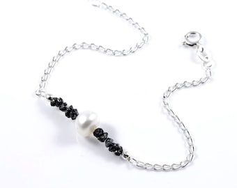 Black Rough Diamond  Bracelet with Initial - Sterling Silver Pearl and Diamond Bracelet - Personalized Raw Diamond Jewelry