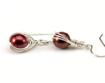 Pearl Herringbone Earrings Sterling Silver - Burgundy Pearl Earrings - Red Freshwater Pearls - Classic Earrings