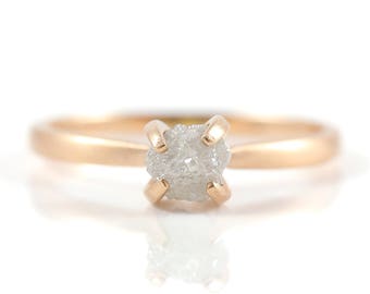 Brushed Gold Ring with White Raw Diamond - 14K Rose Gold Engagement Ring - Conflict Free Solitaire Ring - Matte Finish, Antique