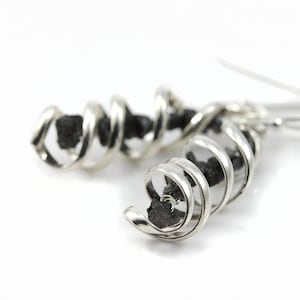Rough Diamonds Earrings - Mother’s Day Gift - Sterling Silver Spiral Pendant - Dangled Black Raw Diamonds Earrings - April Birthstone