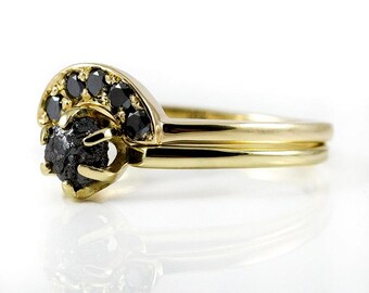 14K Yellow Gold Ring Set - Black Raw and Finished Diamonds - Classic Solitaire Ring with Matching Band - Jet Black Uncut Diamonds
