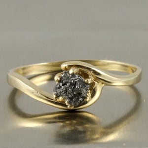 14K Yellow Gold With Rough Diamond - Jet Black Raw Uncut Unfinished Diamond - Engagement Ring - Swirl Design Solitaire Ring