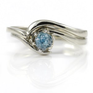 14K Gold Ring with Blue Diamond - Wedding Ring Set Engagement Ring - Swirl Design Ring and Band - Yellow Rose White Gold