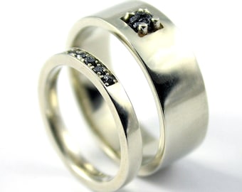 Couples Rings - SET of Rough Diamond Bands - His 8mm & Hers 3mm Flat Design Wedding Bands, Comfort Fit - White Yellow or Rose 14K Gold - Rin