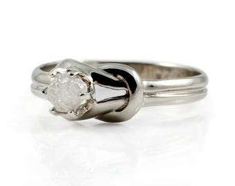 14K Gold Infinity Ring with Groves - Love Knot Ring With White Raw Diamond - Natural Rough Diamond Ring - April Birthstone