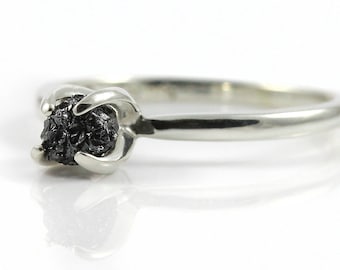 Black Rough Diamond Ring - Silver Ring - Raw Diamond Engagement Ring - Wedding - April Birthstone