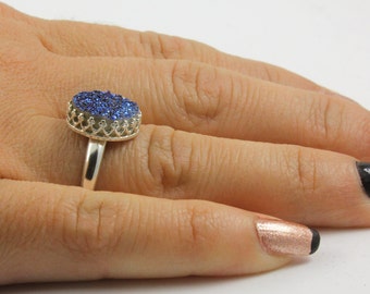 Round Druzy Ring Sterling Silver - Sapphire Blue Druzy Quartz - Druzzy Stone Blue Bezel Set Ring Drusy