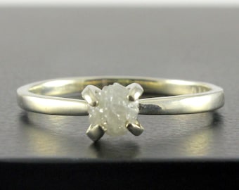 14K White Gold Ring - Prong-Set Rough Diamond Engagement Ring - White Raw Uncut Diamond Solitaire Ring - April Birthstone