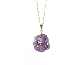 Amethyst Necklace on 14K Gold Filled Chain - Large Purple Natural Gemstone - Wire Wrapped Rough Gemstone Jewelry - Birthstone Gift