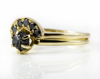 14K Yellow Gold Ring Set - Black Raw and Finished Diamonds - Classic Solitaire Ring with Matching Band - Jet Black Uncut Diamonds