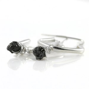 Dangle Earrings with Raw Diamonds - Sterling Silver Diamond Shape Hoops - Wire Wrapped Black Diamonds Uncut Unfinished - Hoop Earrings