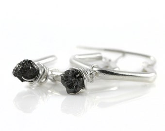 Dangle Earrings with Raw Diamonds - Sterling Silver Diamond Shape Hoops - Wire Wrapped Black Diamonds Uncut Unfinished - Hoop Earrings