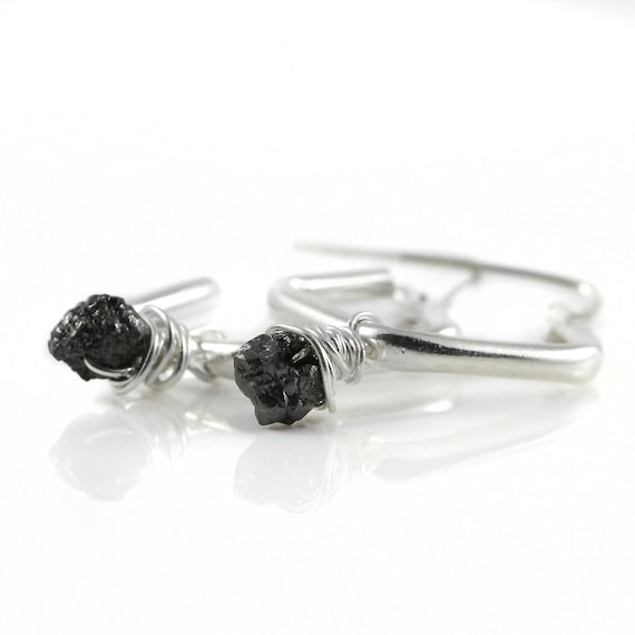 Dangle Earrings with Raw Diamonds - Sterling Silver Diamond Shape Hoops - Wire Wrapped Black Diamonds Uncut Unfinished - Hoop Earrings