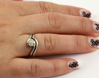 Wedding Ring Set with Rough Diamond - 14K White Gold Engagement Ring - Swirl Design Ring and Band - April Birthstone