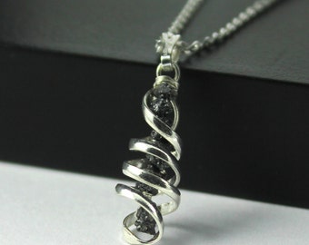 Spiral Pendant Necklace - Mother's Day Gift - Black Rough Diamonds -  Dangled Raw Diamonds - April Birthstone
