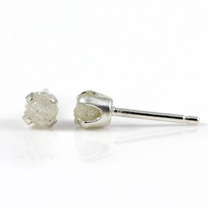 White Rough Diamond Studs - 4mm Post Earrings, Four Prongs - Raw Uncut Unfinished Diamonds on Silver Posts - Natural Conflict Free Diamonds