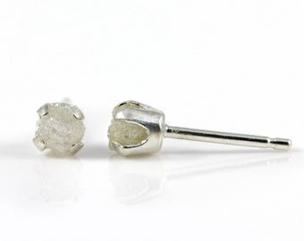 White Rough Diamond Studs - 4mm Post Earrings, Four Prongs - Raw Uncut Unfinished Diamonds on Silver Posts - Natural Conflict Free Diamonds