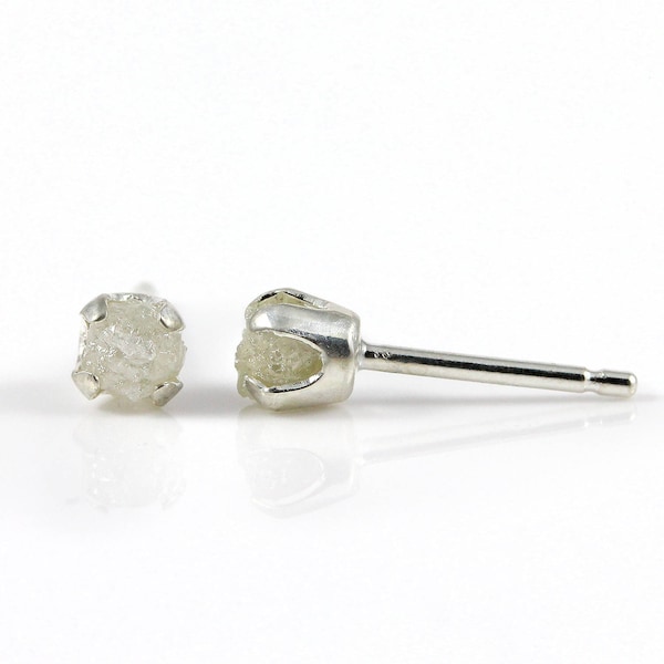 White Rough Diamond Studs - 4mm Post Earrings, Four Prongs - Raw Uncut Unfinished Diamonds on Silver Posts - Natural Conflict Free Diamonds