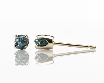 3.5mm Post Earrings with Raw Diamonds - 14K White Gold Ear Studs - Blue Rough Diamonds - Solid Gold Earrings