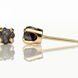 4.0mm 14K Yellow Gold Stud Earrings with Black Diamonds - Rough Uncut Diamonds - Gold Post Ear Studs - April Birthstone