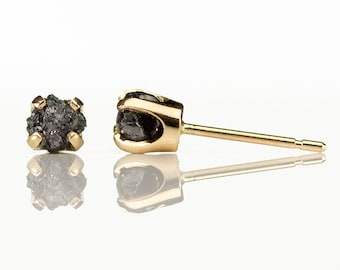 4.0mm 14K Yellow Gold Stud Earrings with Black Diamonds - Rough Uncut Diamonds - Gold Post Ear Studs - April Birthstone