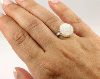 Round Druzy Ring - Quartz Ring - Druzzy Stone Ring Sterling Silver - White Bezel Set Ring - Drusy Quartz - April Birthstone