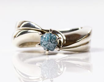 Raw Diamond Engagement Ring Set - 14K White Gold Twisted Design Ring - Wedding Ring Set - Blue Diamond - Uncut Unfinished Conflict