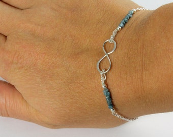 Infinity Bracelet with Rough Diamonds - Rare Blue Raw Rough Diamond Bracelet in Sterling Silver - Figure 8 Charm - Mother's Day Gift