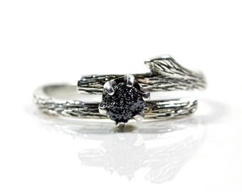 Branch Ring with Raw Diamond - Sterling Silver or 14K Gold Engagement Ring & Matching Band