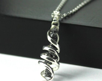 Spiral Pendant Necklace - Mother's Day Gift - Black Rough Diamonds -  Dangled Raw Diamonds - April Birthstone