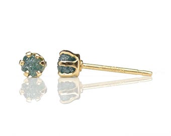3mm Blue Raw Rough Diamond Gold Earrings - 14K Gold Filled Ear Studs - Rare Blue Uncut Diamonds Conflict Free