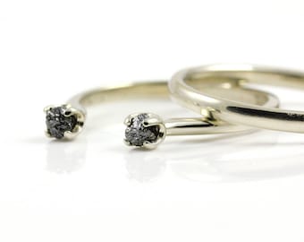 Open Design Ring Set with Rough Diamonds - 14K Gold Engagement Ring - Matching Band Comfort-Fit Design - Two Stone Ring - Black Raw Diamonds