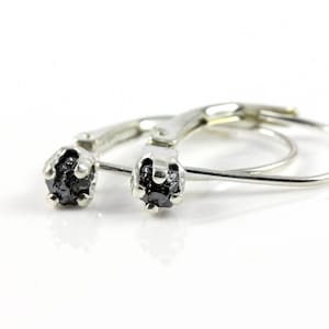 Leverback Earrings in Sterling Silver - Rough Raw Black Diamonds - Natural Uncut Stones - Conflict Free - April Birthstone