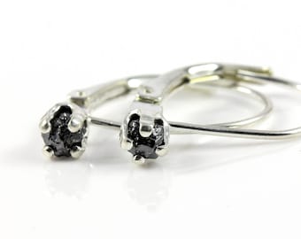 Leverback Earrings in Sterling Silver - Rough Raw Black Diamonds - Natural Uncut Stones - Conflict Free - April Birthstone