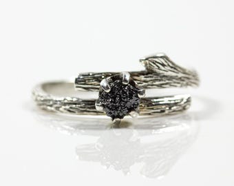 Branch Ring with Rough Diamond - Twig Ring - Engagement Ring with Matching Band - Sterling Silver or 14K Gold Diamond Ring