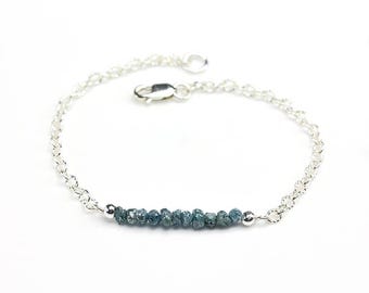 Blue Rough Diamond Ribbed Chain Bracelet - Raw Diamonds Uncut - Bridesmaid Jewelry - Mother's Day Gift