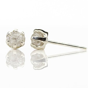 4mm Rough Diamond Stud Earrings on Sterling Silver - White Uncut Raw Diamonds - April Birthstone - 6-prongs Ear Studs