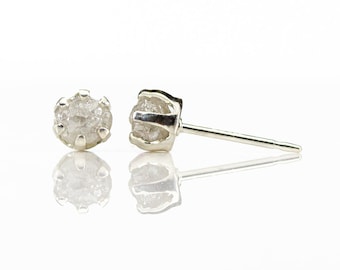 4mm Rough Diamond Stud Earrings on Sterling Silver - White Uncut Raw Diamonds - April Birthstone - 6-prongs Ear Studs