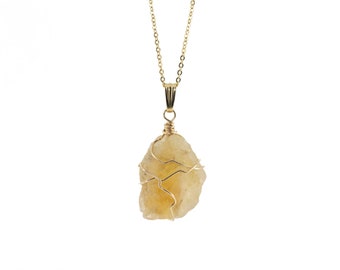 Citrine Pendant Necklace 14K Gold Filled - Yellow Citrine Gemstone - Wire Wrapped Rough Gemstone Jewelry - Birthstone Gift