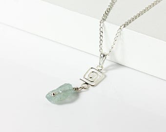 Rough Aquamarine Necklace on Sterling Silver Chain - Irregular Shape Raw Stone with Square Link - March Birthstone