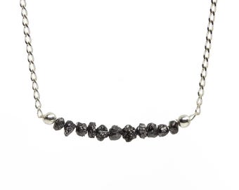 Bar Necklace With Black Rough Diamonds on Sterling Silver Chain - Natural Raw Uncut Diamonds - April Birthstone