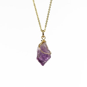 Natural Amethyst Necklace 14K Gold Filled - Purple Amethyst Gemstone Pendant - Wire Wrapped Rough Gemstone Jewelry